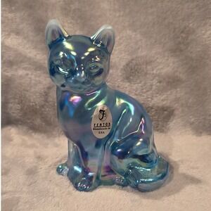 Fenton Iridescent Celeste Blue Sitting Cat‎ Figurine Collectible Decor